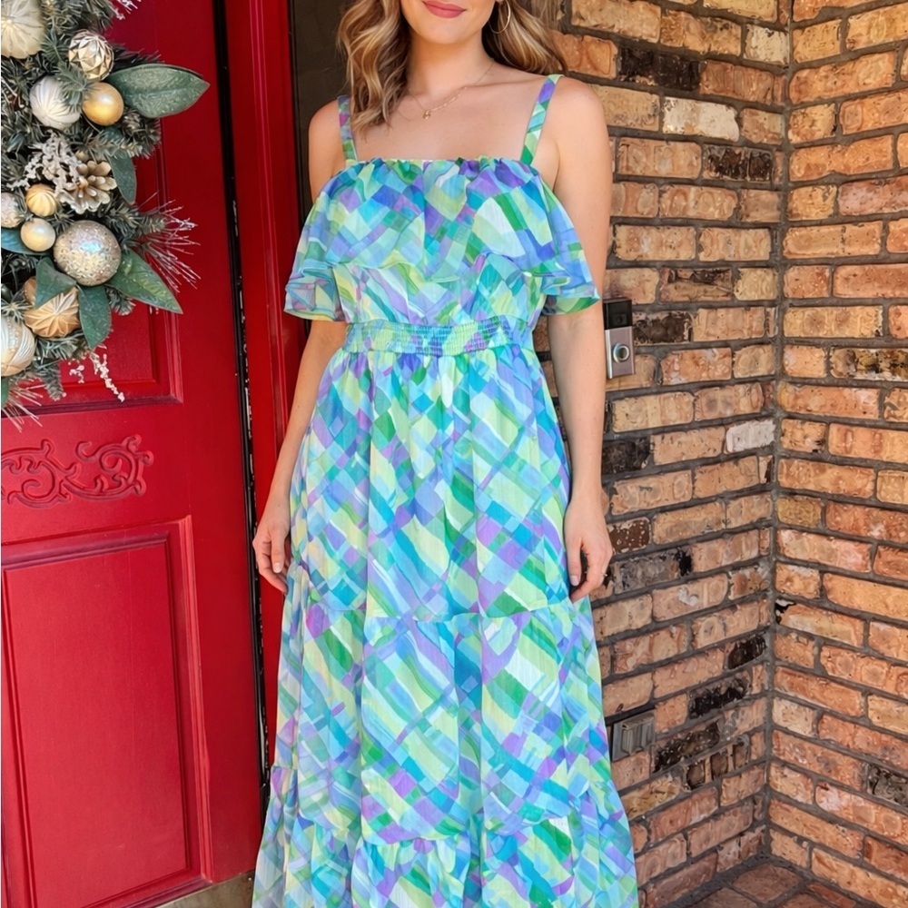 London Times Light Blue & Green Plaid Maxi Dress